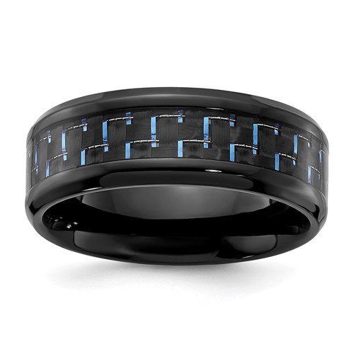 Chisel Black Titanium Polished Band with Black and Blue Carbon Fiber Inlay 8mm