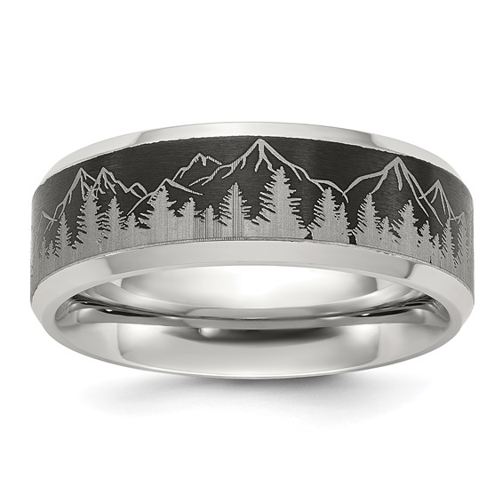 Chisel Titanium with Brushed Center Laser Design Mountains 8mm Band
