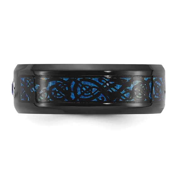 Chisel Titanium Polished Black and Blue IP-plated with Blue CZ Carbon Fiber Inlay in Clear Epoxy 8mm Band