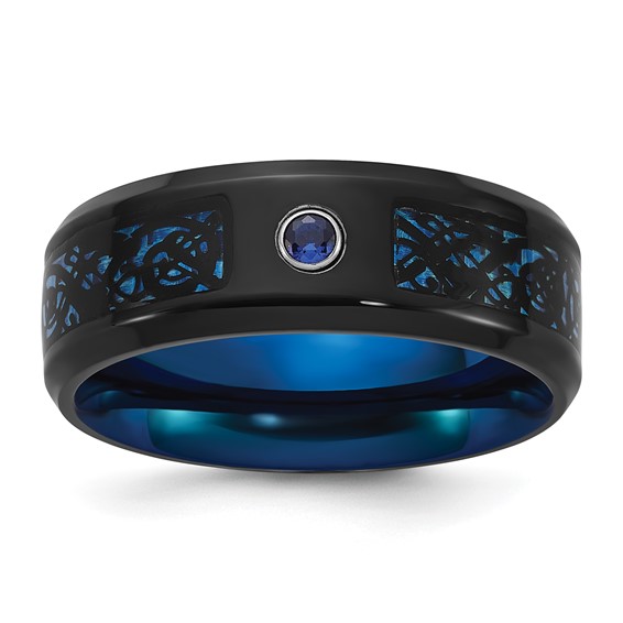Chisel Titanium Polished Black and Blue IP-plated with Blue CZ Carbon Fiber Inlay in Clear Epoxy 8mm Band