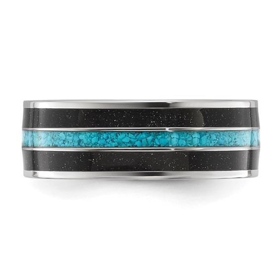 Chisel Titanium Polished with Turquoise and Black Star Sandstone Inlay 8mm Band