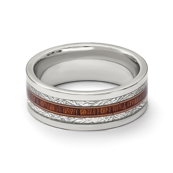 Chisel Titanium Polished with Wood and Imitation Meteorite Inlay 8mm Band