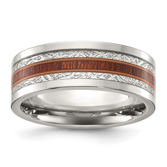 Chisel Titanium Polished with Wood and Imitation Meteorite Inlay 8mm Band