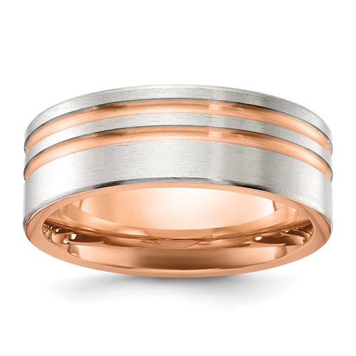 Chisel Titanium Brushed and Polished Rose IP-plated Stripes 8mm Band