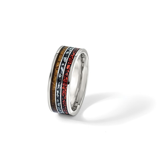 "Chisel Titanium Polished with Wood, Imitation Meteorite and Red Stone Inlay 8mm Band"