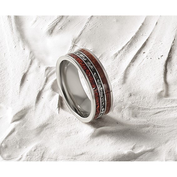 "Chisel Titanium Polished with Wood, Imitation Meteorite and Red Stone Inlay 8mm Band"