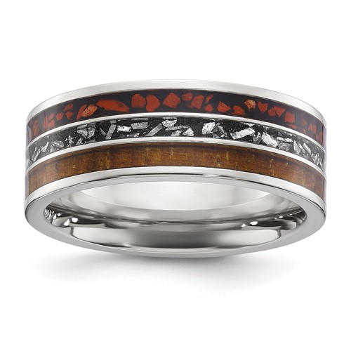Chisel Titanium Polished Band with Wood, Imitation Meteorite and Red Stone Inlay 8mm