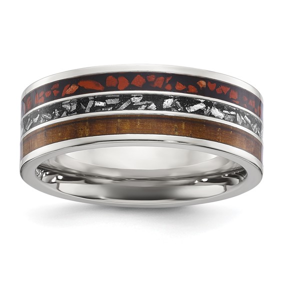 "Chisel Titanium Polished with Wood, Imitation Meteorite and Red Stone Inlay 8mm Band"