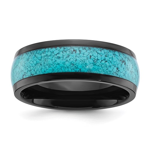 Chisel Titanium Polished Black IP-plated Band with Imitation Turquoise Inlay 8mm