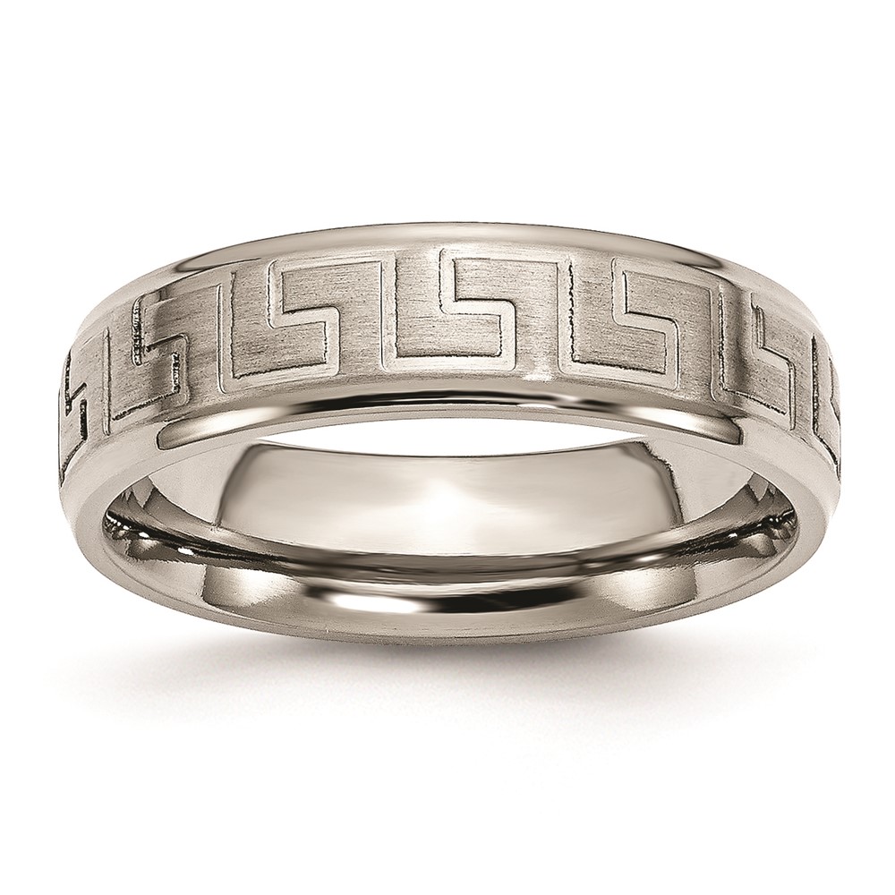 Titanium Ridged Edge Greek Key Design 6mm Satin Polished Band