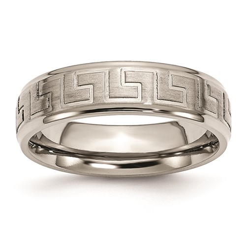 Titanium Ridged Edge Greek Key Design 6mm Satin Polished Band