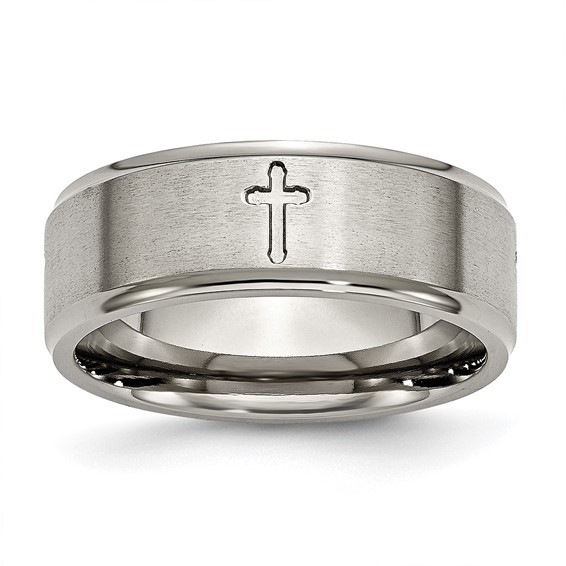 Chisel Titanium Brushed Center Cross 8mm Ridged Edge Band