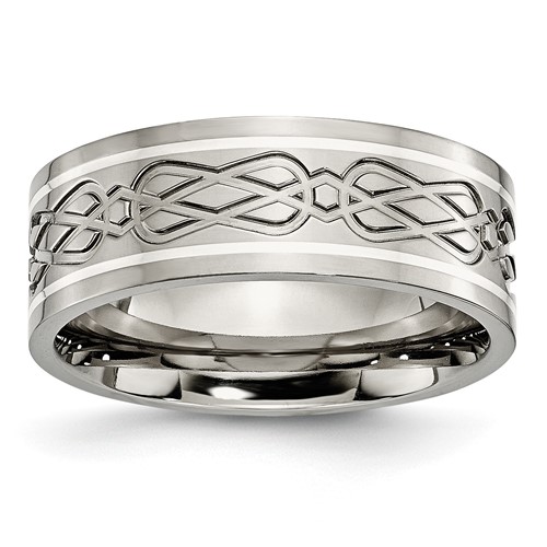 Chisel Titanium Polished Band with Sterling Silver Inlay Celtic Knot 8mm Flat