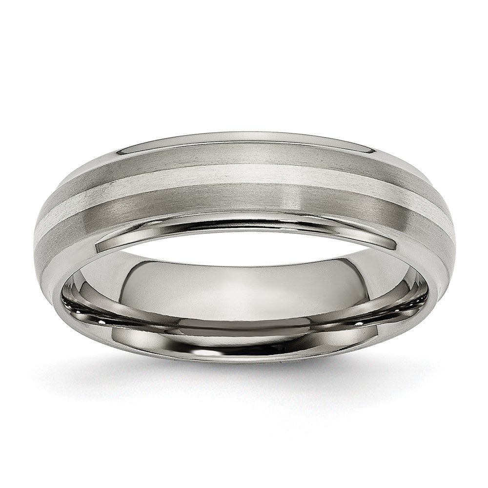 Titanium Brushed Center w/Sterling Silver Inlay 6mm Ridged Edge Band