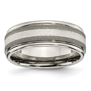 Chisel Titanium Polished with Sterling Silver Inlay Stone Finish Center Grooved Band