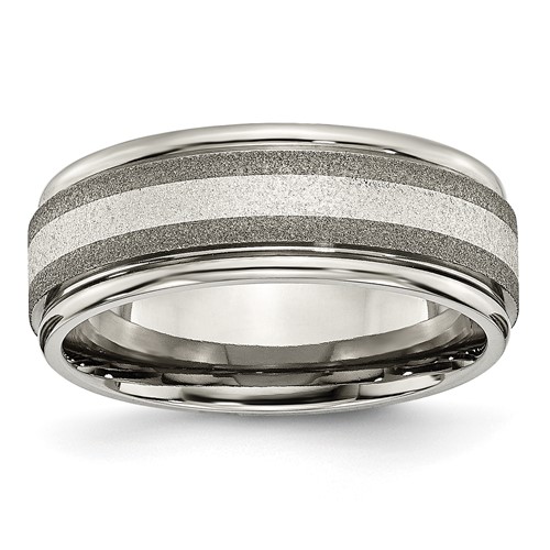 Chisel Titanium Polished with Sterling Silver Inlay Stone Finish Center Grooved Band