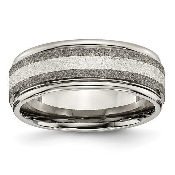 Chisel Titanium Polished with Sterling Silver Inlay Stone Finish Center Grooved Band