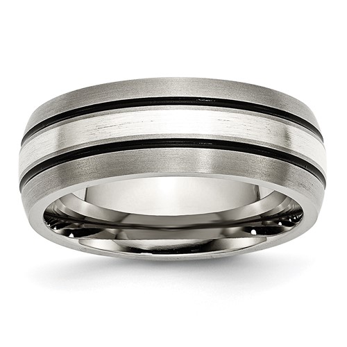 Titanium Grooved Sterling Silver Inlay 8mm Brushed Antiqued Band