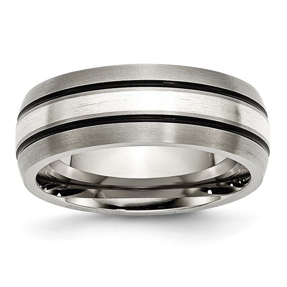 Chisel Titanium Antiqued and Brushed with Sterling Silver Inlay 8mm Grooved Band