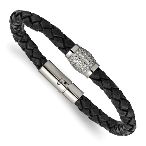 Chisel Titanium Polished Bracelet with CZ Black Leather