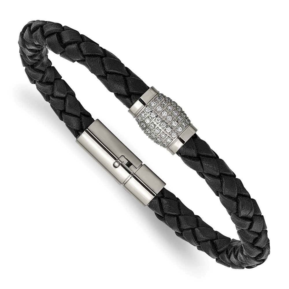 Titanium Polished w/CZ Black Leather Bracelet