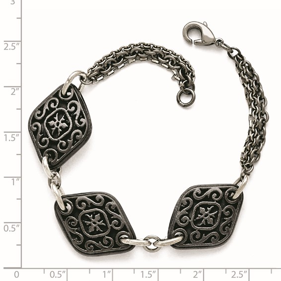 Titanium Sterling Silver Black Ti Polished & Etched 3-Charm Bracelet
