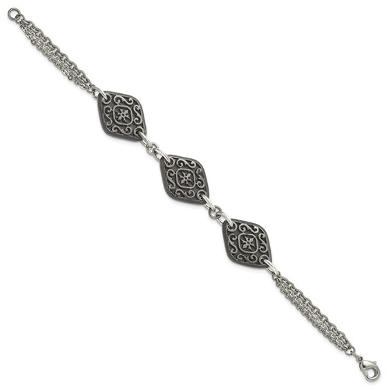 Titanium Sterling Silver Black Ti Polished & Etched 3-Charm Bracelet