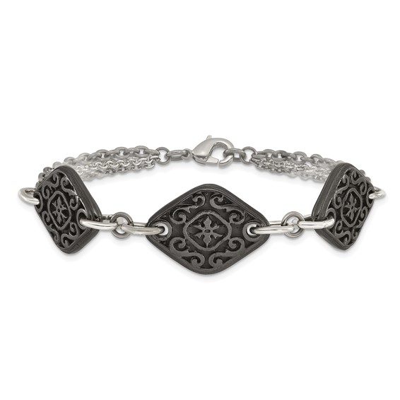 Titanium Sterling Silver Black Ti Polished & Etched 3-Charm Bracelet