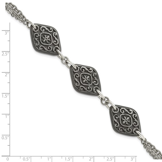 Titanium Sterling Silver Black Ti Polished & Etched 3-Charm Bracelet