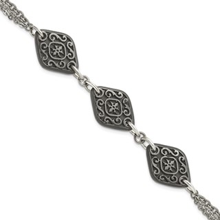 Titanium Sterling Silver Black Ti Polished & Etched 3-Charm Bracelet