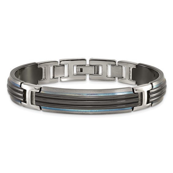 Titanium Sterling Silver Black Ti Polished & Brushed Striped Link Bracelet
