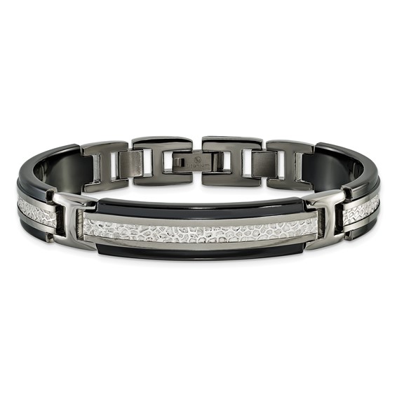 Titanium Sterling Silver Black Ti Men's Polished with Textured Center Link Bracelet