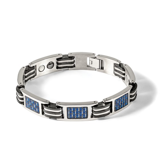Chisel Titanium Polished with Blue Carbon Fiber Inlay and Rubber 8.5 inch Bracelet
