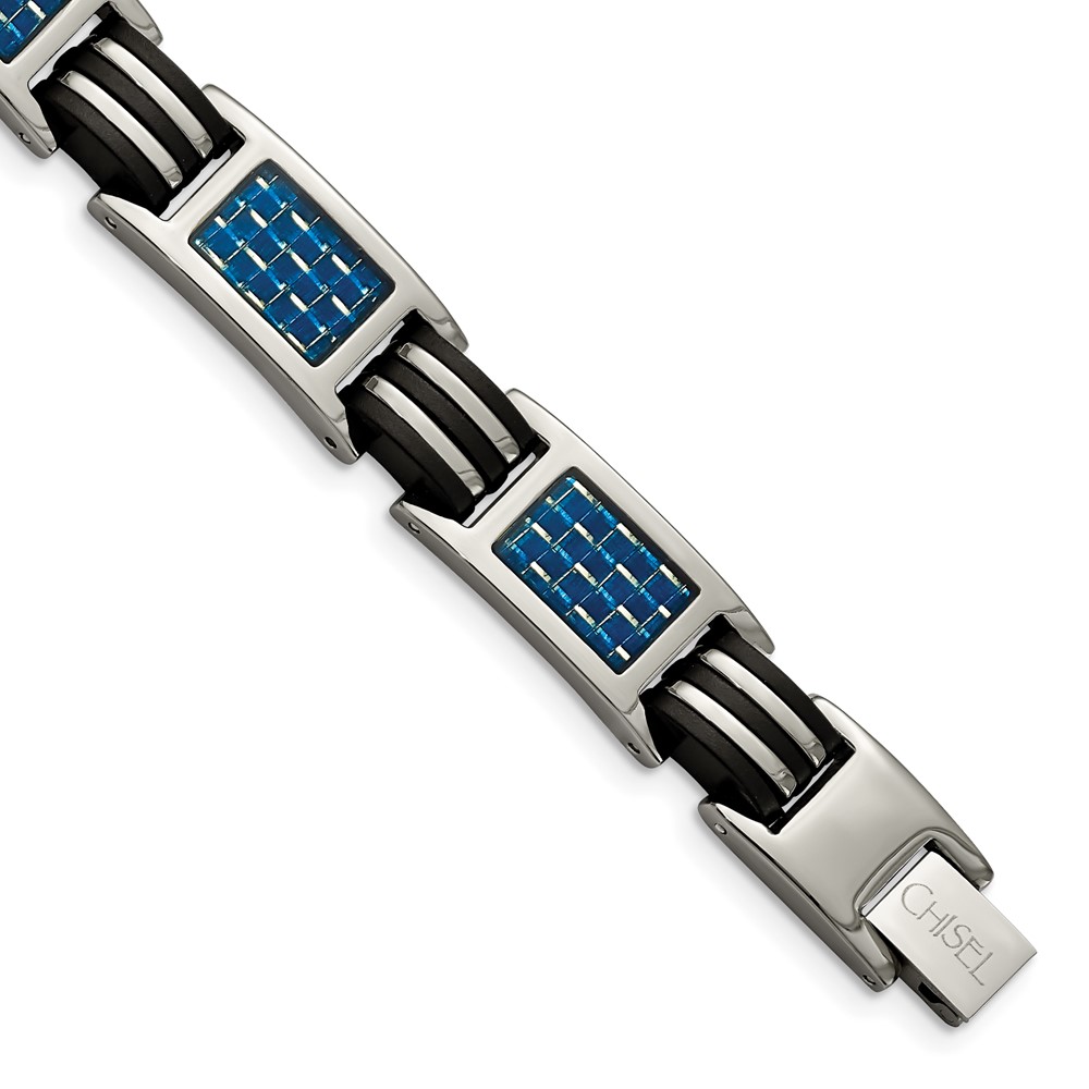 Titanium Polished w/Blue Carbon Fiber Inlay & Rubber 8.5in Bracelet