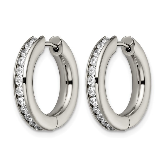 Chisel Titanium Polished CZ Hinged Hoop Earrings