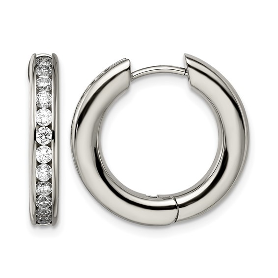 Chisel Titanium Polished CZ Hinged Hoop Earrings