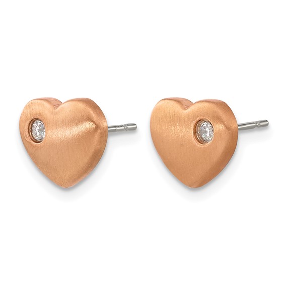 Chisel Titanium Brushed Rose IP-plated with CZ Heart Post Earrings