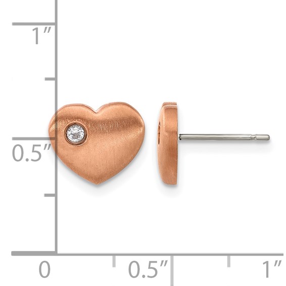 Chisel Titanium Brushed Rose IP-plated with CZ Heart Post Earrings