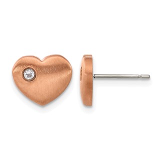 Chisel Titanium Brushed Rose IP-plated with CZ Heart Post Earrings