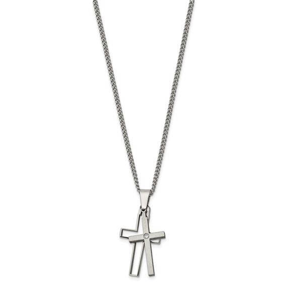 Chisel Titanium Brushed and Polished with .03 carat Diamond Cross 22 inch Necklace
