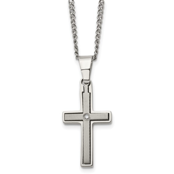 Chisel Titanium Brushed and Polished with .03 carat Diamond Cross 22 inch Necklace