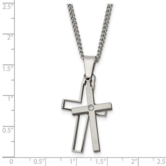 Chisel Titanium Brushed and Polished with .03 carat Diamond Cross 22 inch Necklace