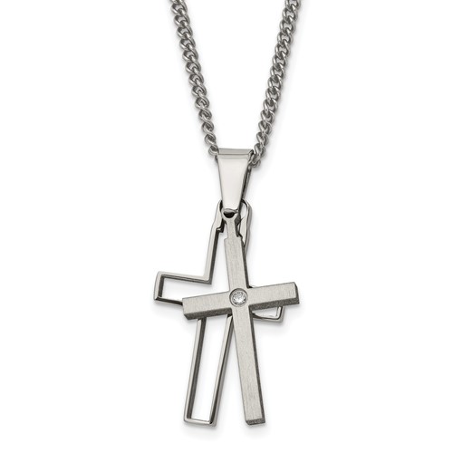 Chisel Titanium Brushed and Polished Necklace with.03 Carat Diamond Cross, 22"