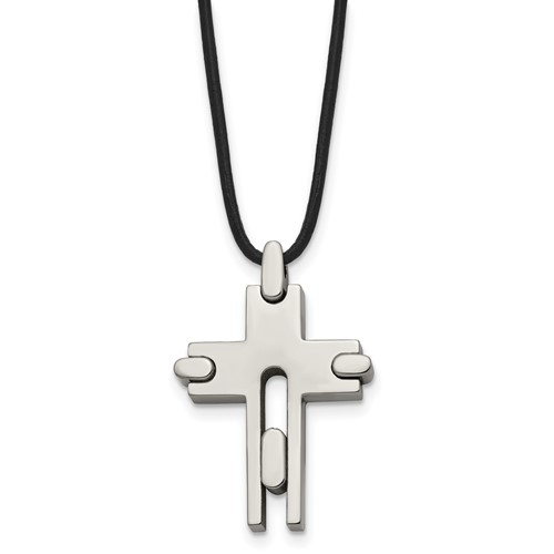 Chisel Titanium Polished Cross Leather Cord Necklace, 18"
