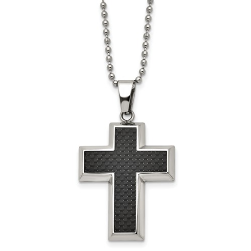 Chisel Titanium Polished Necklace with Black Carbon Fiber Inlay Cross, 22"