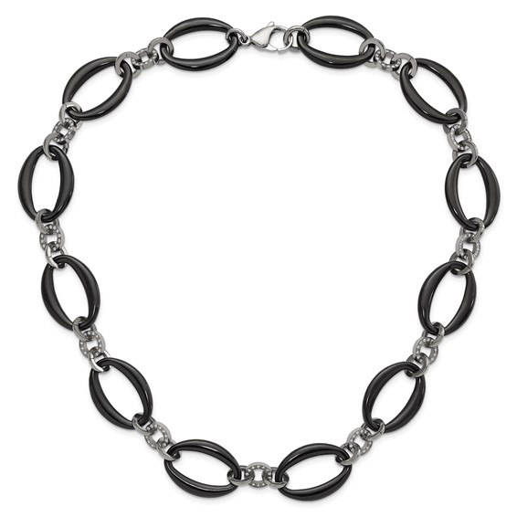 Titanium Polished Black IP-plated & CZ Oval Link Necklace