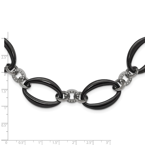 Titanium Polished Black IP-plated & CZ Oval Link Necklace