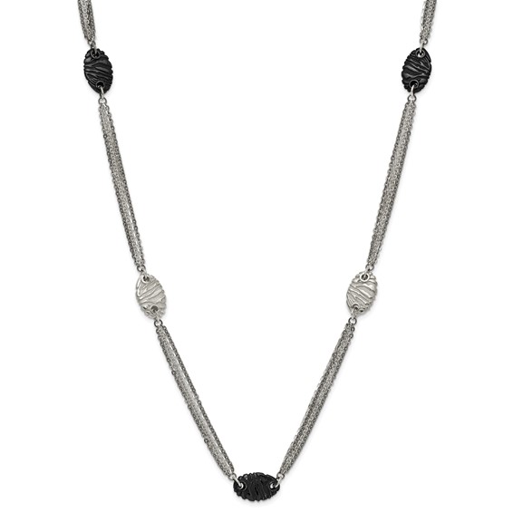 Titanium Sterling Silver Black Ti Polished and Etched Oval Station Necklace