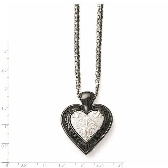 Titanium/Ster.Sil Black Ti Polished Etched Heart w/2 Chain Necklace
