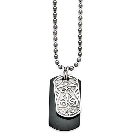 Titanium/Ster.Sil Black Ti Polished Etched Dog Tag Necklace